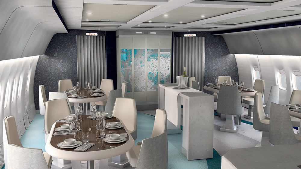 A luxurious dining area inside the 88-seat Boeing 777